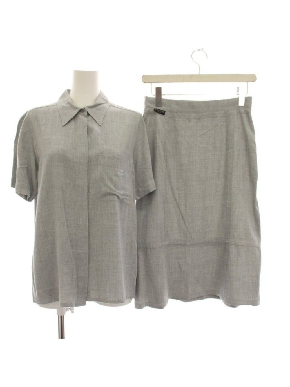 Chanel CC Logo Set Top and Bottom Shirt Blouse Short Sleeve Flare Skirt Knee